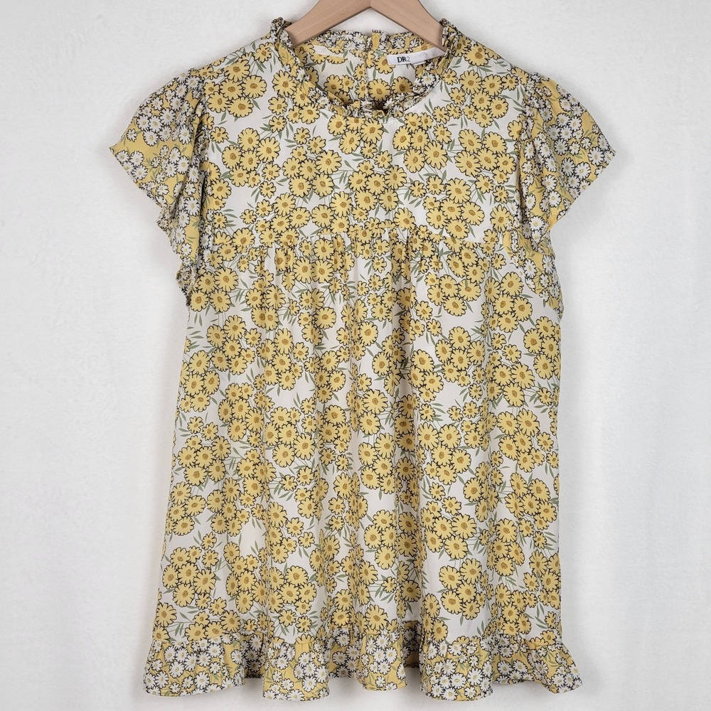 DR2 Daisy Floral Top Womens M Flutter Sleeve Yellow Boho Cottagecore Romantic